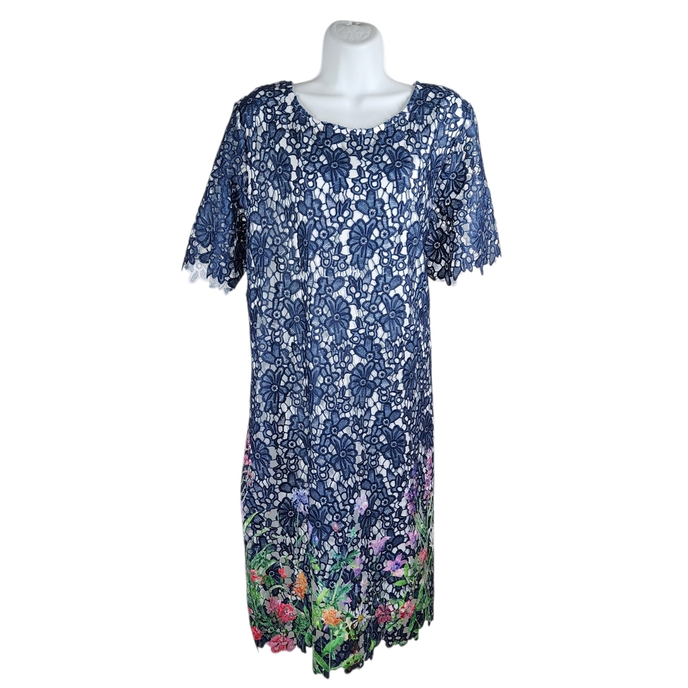 NINA LEONARD LASER CUT FLORAL MIDI DRESS